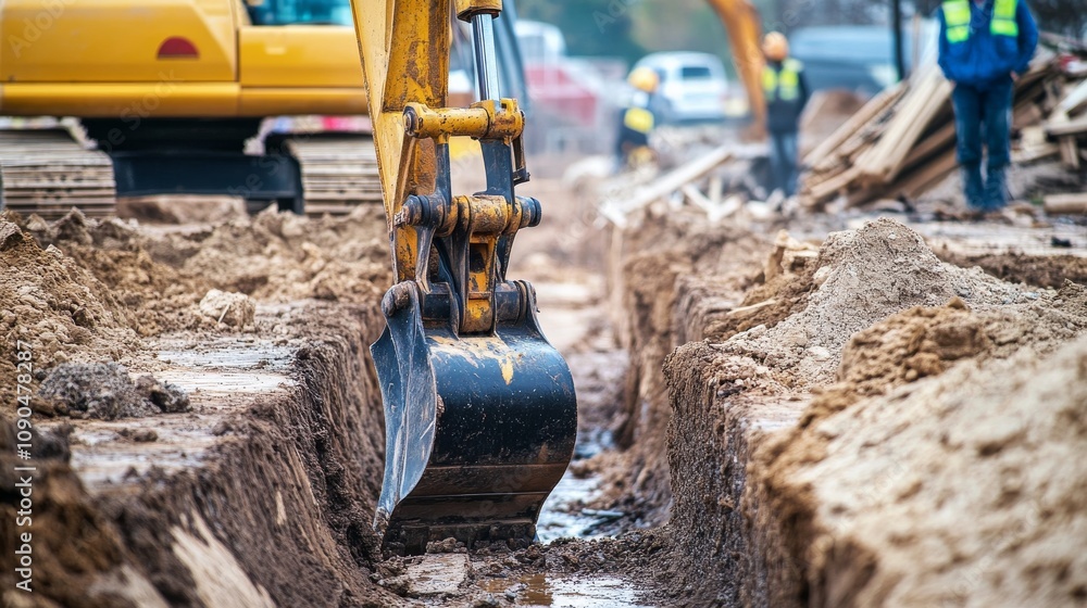 Poster an excavator operator digging trenches for utility lines at a municipal infrastructure project, with
