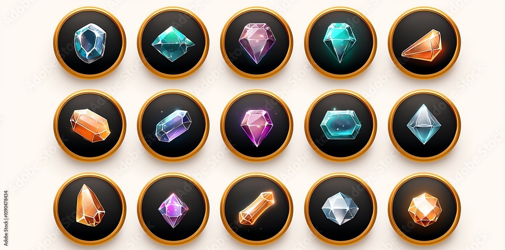 Poster collection of glowing gem icons in various colors and shapes with a modern design, set against a sub