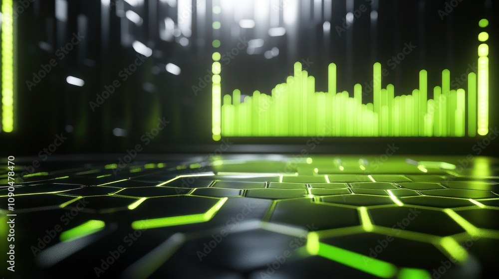 Poster a futuristic digital environment with green light and soundwave graphics.