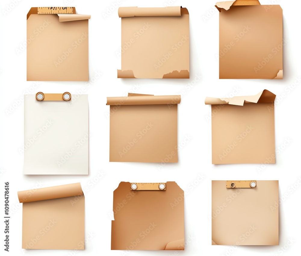 Poster collection of nine brown paper sheets with curled edges arranged in a grid. ideal for design mockups