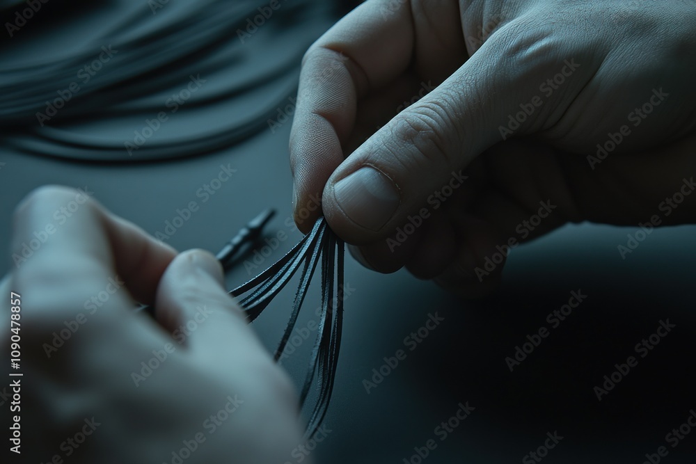 Poster a person manipulating multiple black wires, possibly for electronic assembly or repair.