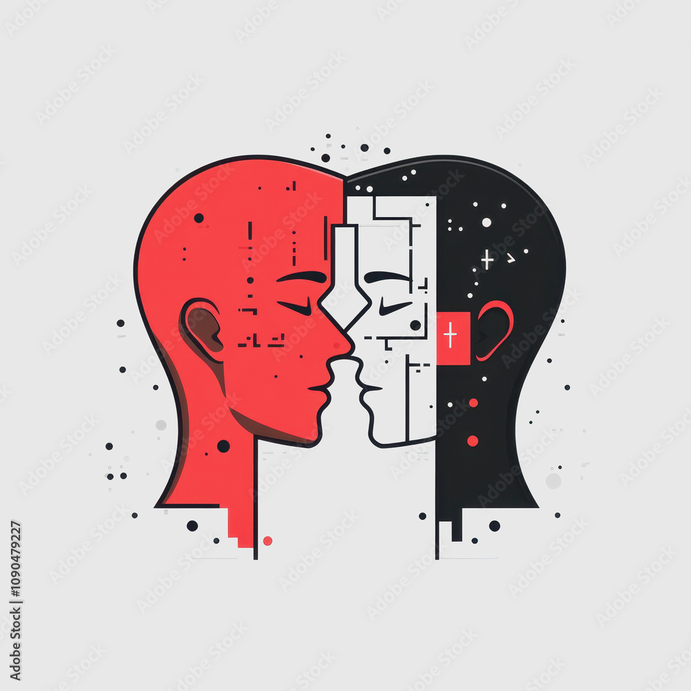 Poster abstract depiction of two human faces merging in a modern digital style, showcasing red and black co