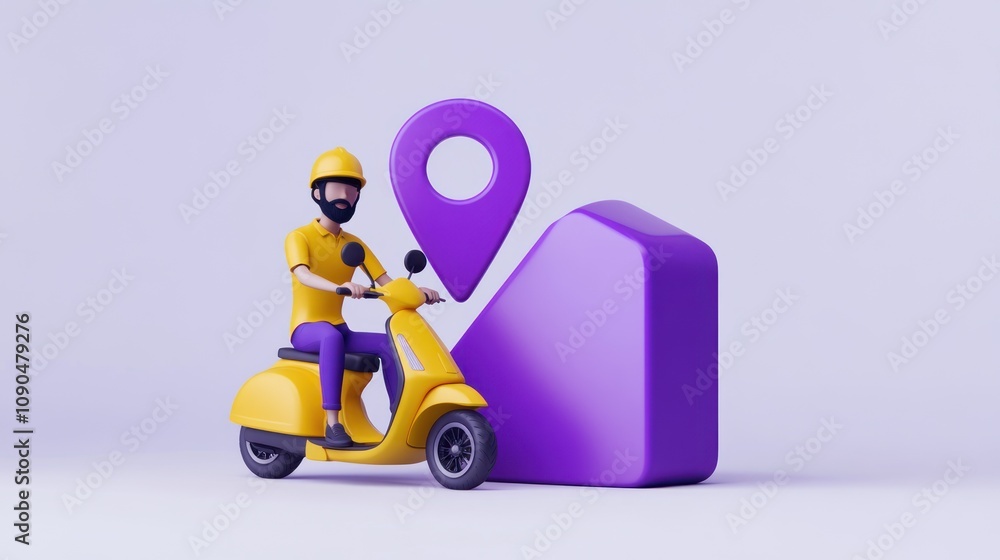 Poster a 3d illustration of a delivery person on a scooter near a location pin and geometric shape.