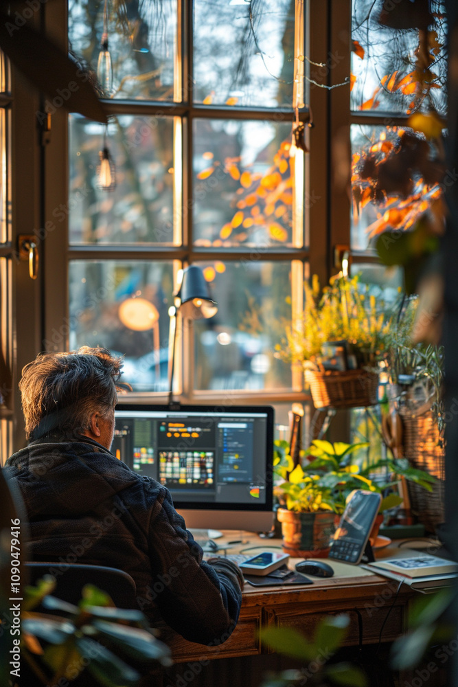 Poster a man is sitting at a desk with a computer monitor in front of him