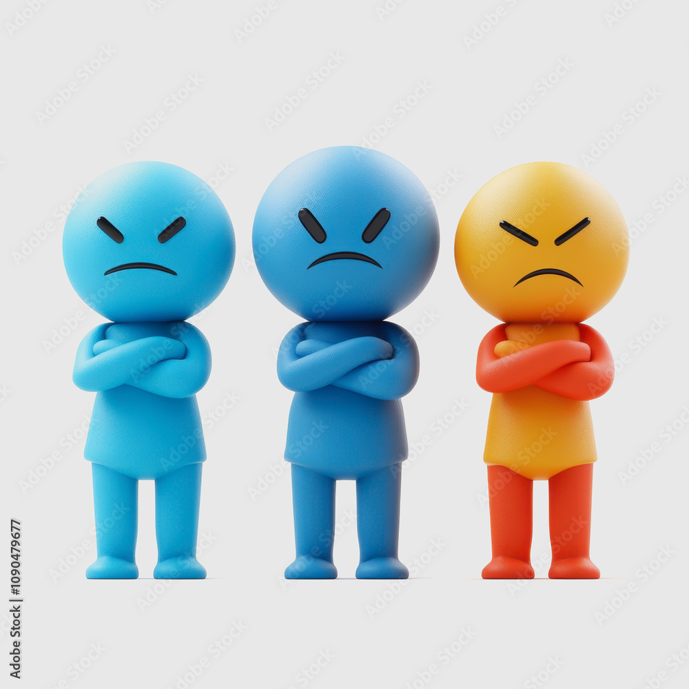 Poster three colorful cartoon characters with distinct expressions of anger and frustration in a minimalist