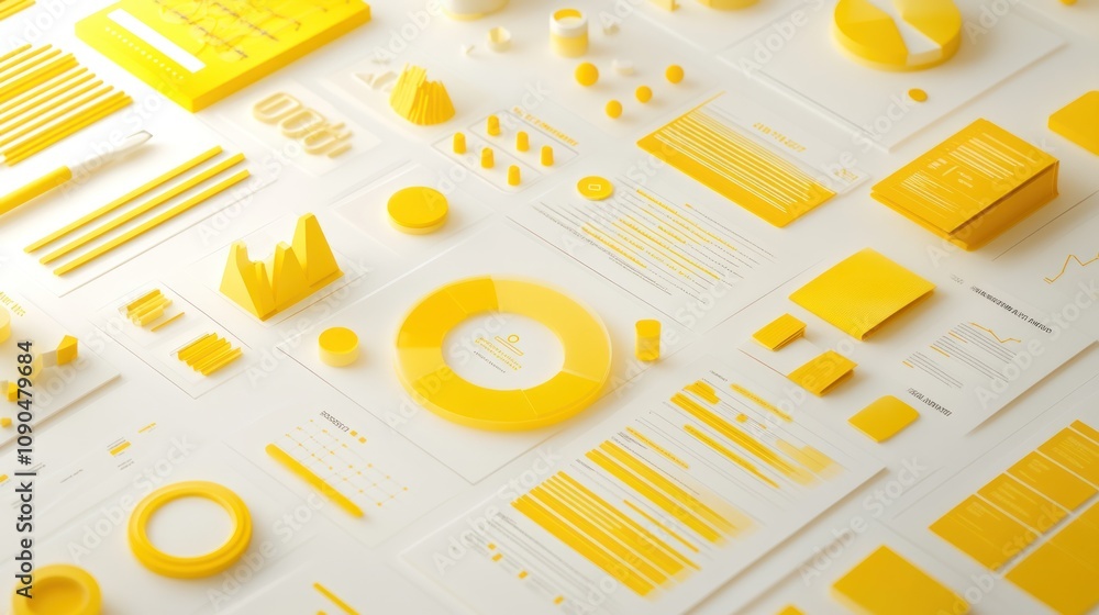 Poster a collection of yellow graphic elements, charts, and data visualizations for presentations.