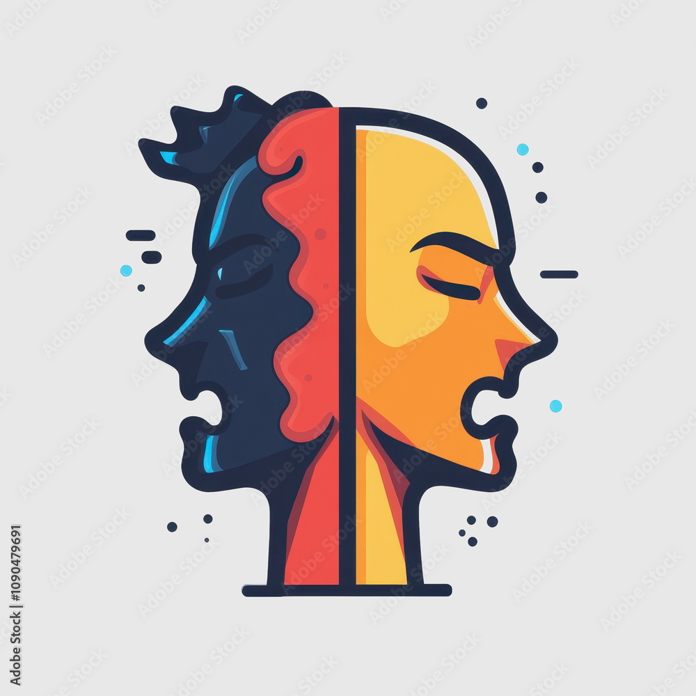 Poster abstract representation of duality in human emotions featuring two contrasting faces in vibrant colo