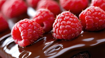 Decadent chocolate cake topped with luscious fresh raspberries, showcasing a glossy ganache coating and vibrant red fruit details.