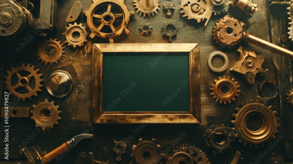 Poster A vintage display of gears surrounding a blank frame, inviting creativity or customization.