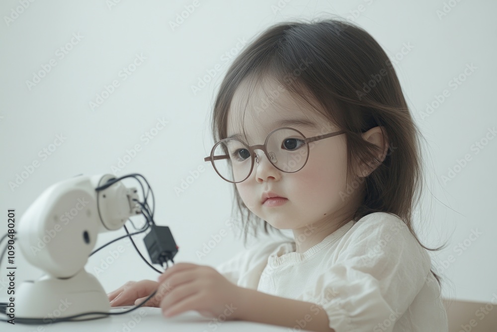 Aufkleber a child with glasses interacts with a robotic device at a table.