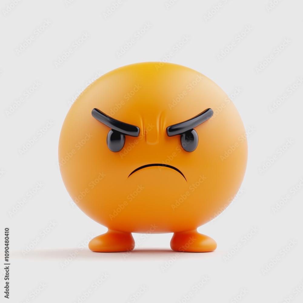 Poster orange round character with frowning face and angry expression standing on white background, represe
