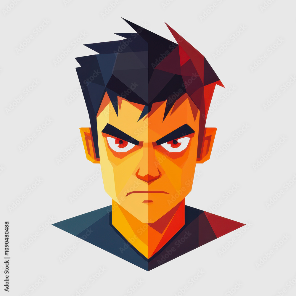 Poster abstract portrait of a male character with half angry expression and dynamic hairstyle in bold color