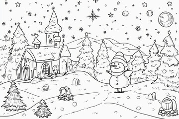 Naklejka premium Pencil black and white drawing of snowy Christmas village with houses covered in snow, decorated fir trees and snowflakes. Simple line art illustration for Christmas time and winter holidays