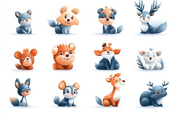 Cute cartoon animals illustration featuring various forest creatures. Perfect for children's design projects, educational materials, or playful decor.