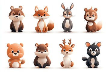 Naklejka premium Cute cartoon animals including a fox, rabbit, bear, and squirrel, portrayed with adorable expressions in a vector style. Perfect for children's themes or educational materials.