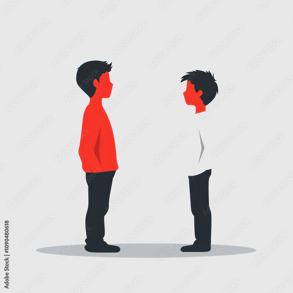 Poster two abstract figures in red and white stand opposite each other on a minimalist background, symboliz