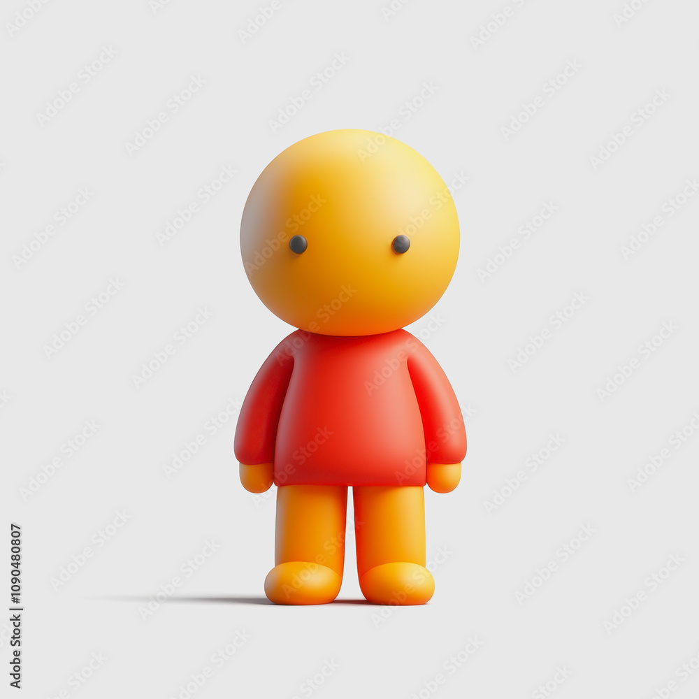Poster round colorful character with a simplistic design standing upright, featuring a bright yellow head a
