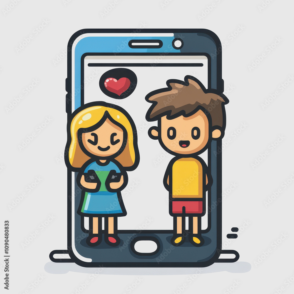 Poster cartoon characters interacting on smartphone screen with heart icon symbolizing love and digital com