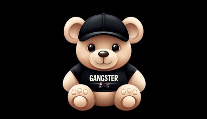 Fototapeta premium Cute teddy bear in a black cap and shirt with 'Gangster' print, sitting against a black background, embodying a mix of playfulness and edginess.