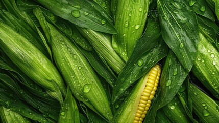 Fototapeta premium Closeup of fresh cornsalad leaves with water droplets, showcasing a vibrant green texture perfect for healthy food visuals.