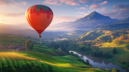 Fototapeta premium Serene Hot Air Balloon Over a Green Valley at Sunset