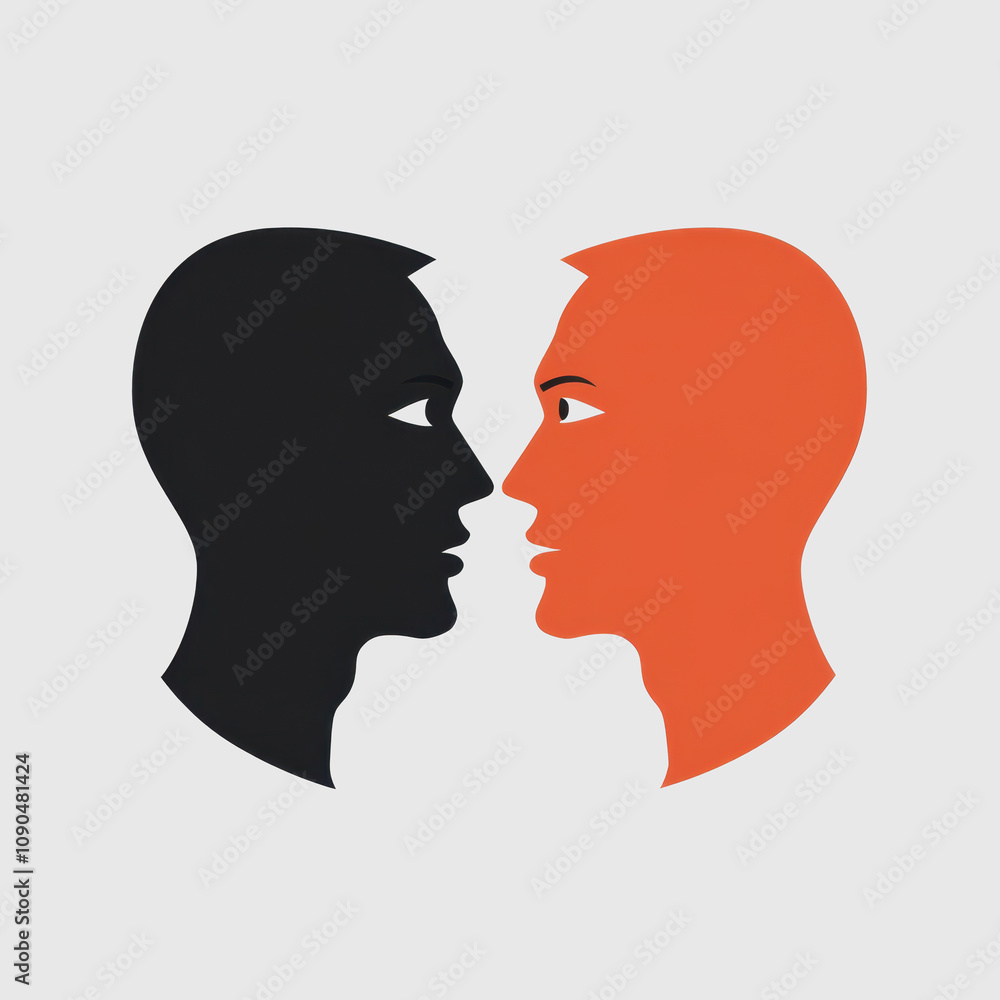 Poster abstract representation of two interconnected human faces in contrasting colors highlighting the con