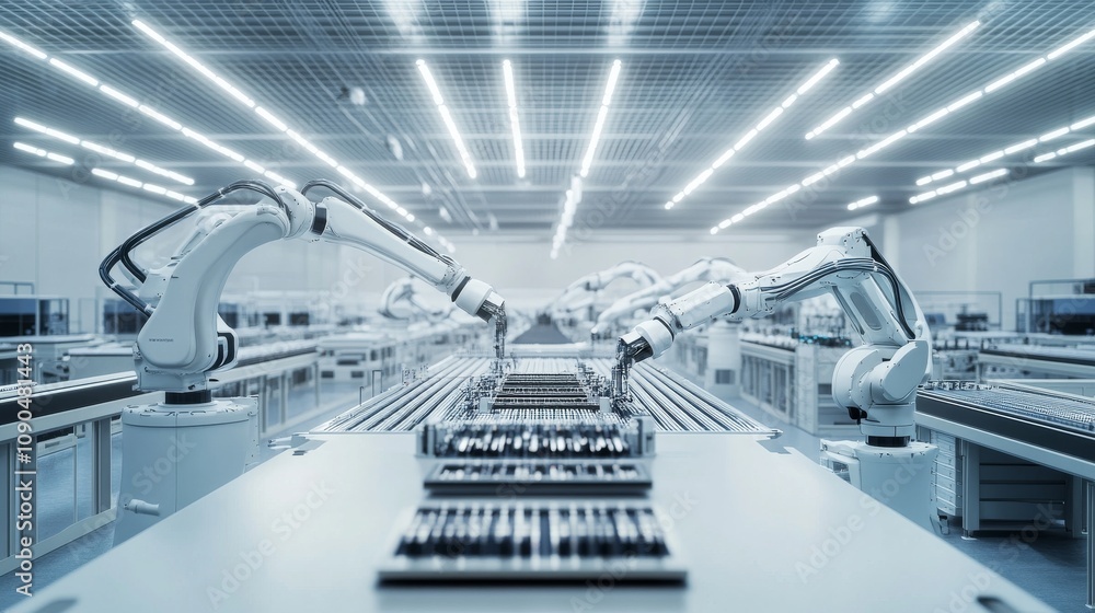 Poster An expansive factory floor with automated robotic arms assembling electronic components on a conveyor belt, Modern electronics factory scene, High-tech and clean style