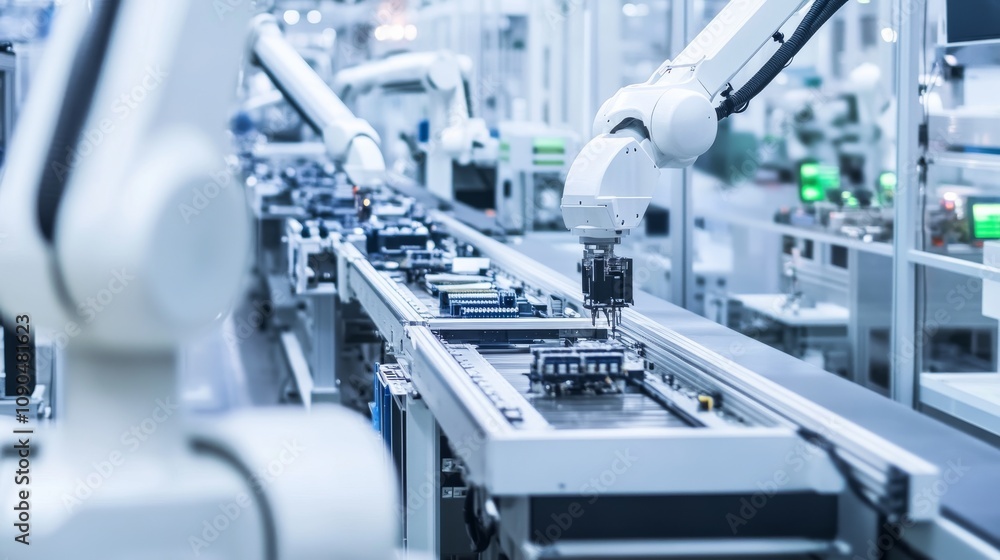 Poster An expansive factory floor with automated robotic arms assembling electronic components on a conveyor belt, Modern electronics factory scene, High-tech and clean style
