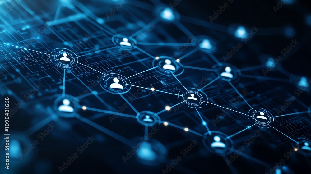 Poster digital network concept with interconnected nodes representing human icons on a glowing grid. illust