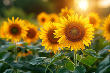 A field of sunflowers with a bright yellow sun in the background