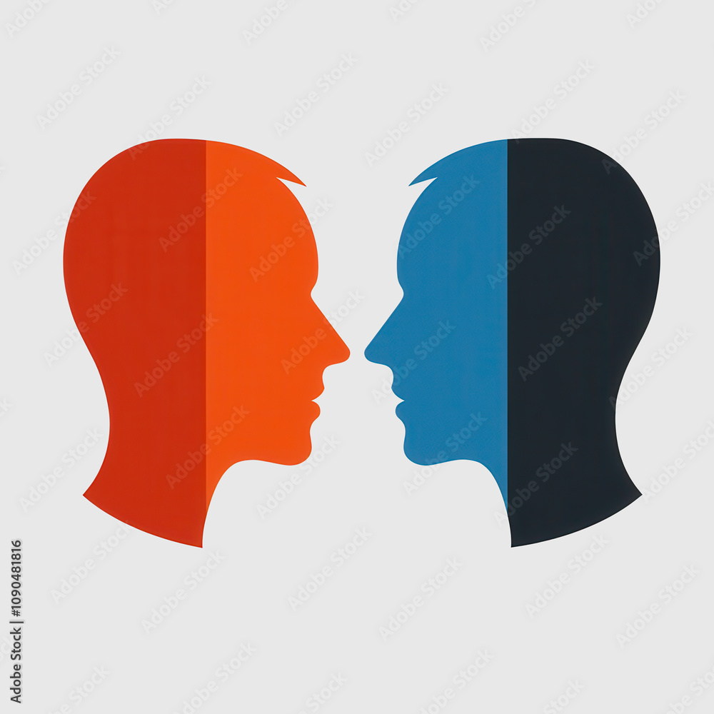 Poster two abstract human profiles in red and blue colors representing communication, emotion, and duality 