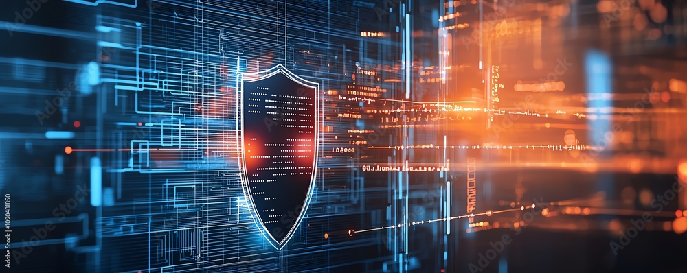 Poster digital shield with a futuristic interface. represents cybersecurity and data protection. blue and o