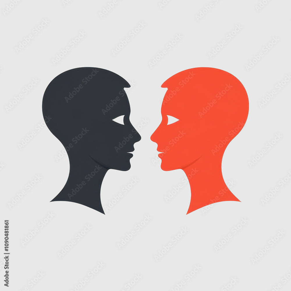 Poster silhouette concept of two interlocking human profiles representing dialogue, interaction, and connec