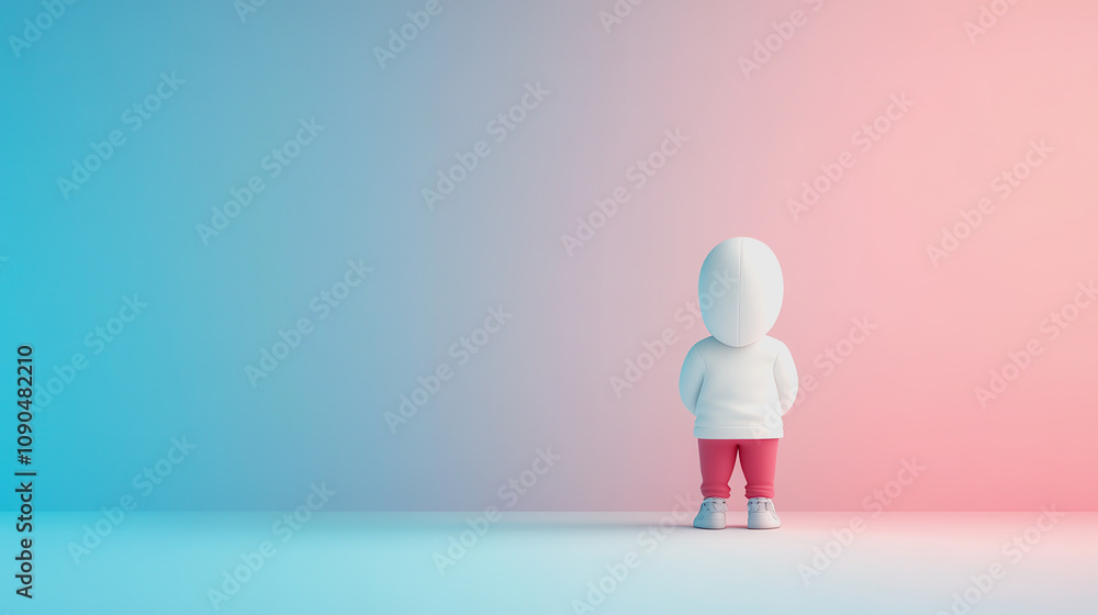 Poster minimalist character in front of soft gradient background with blue and pink color scheme, emphasizi
