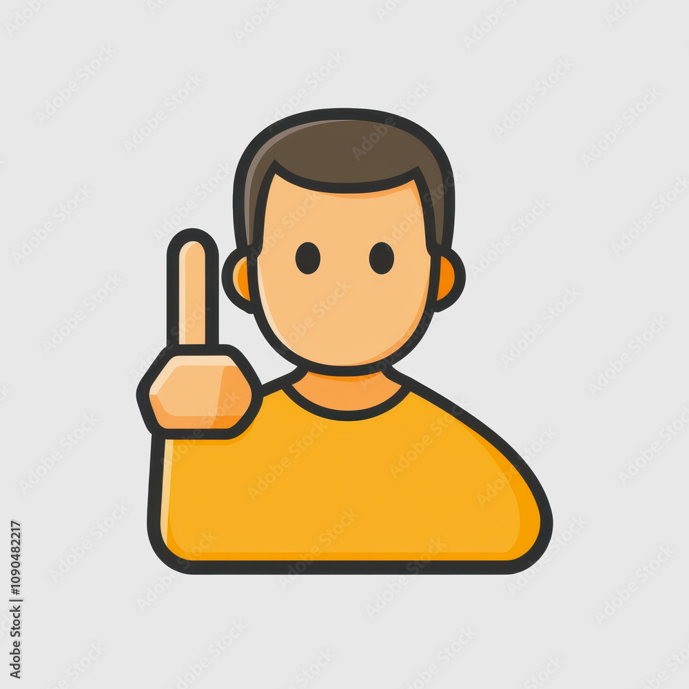 Poster cartoon character with raised finger gesture indicating importance or urgency in simple minimalist s