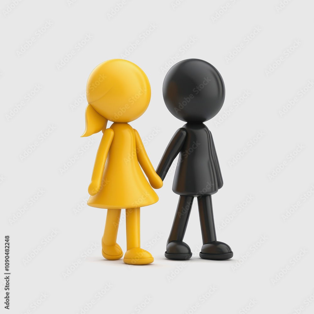 Poster cheerful cartoon figures holding hands, symbolizing unity and friendship, showcasing diversity with 