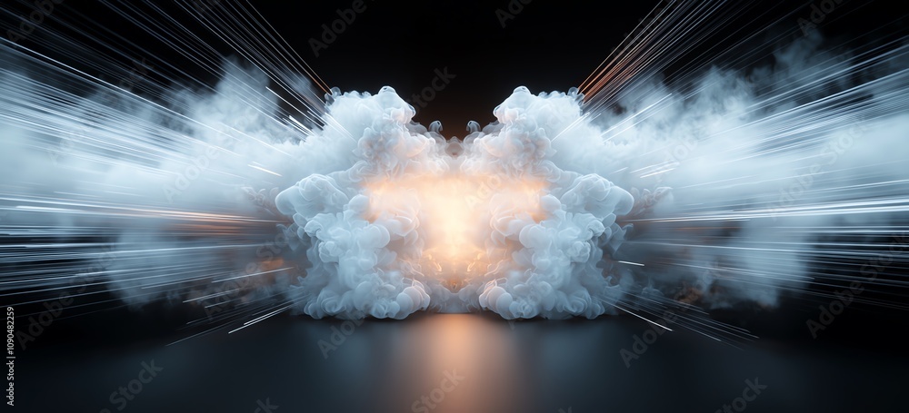 Poster dynamic explosion of smoke and light, creating a dramatic visual effect with bold energy and vibrant