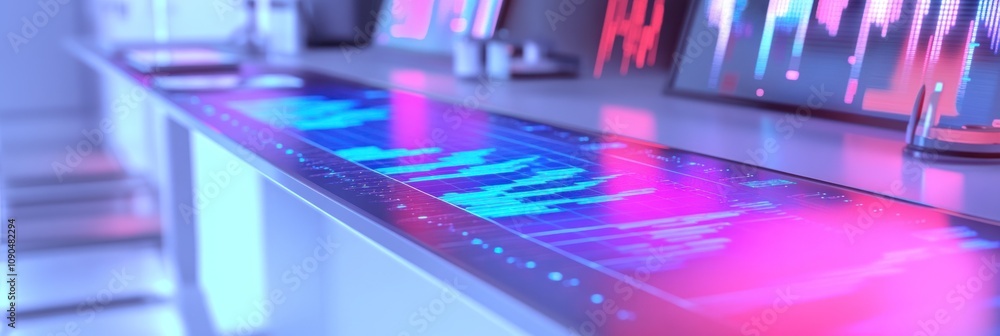 Poster A futuristic workspace featuring digital data visualizations and analytics.