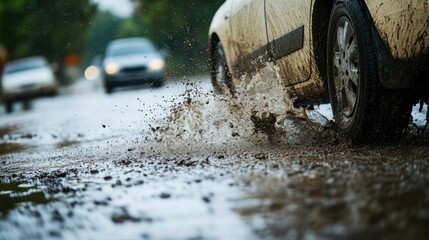 Close-up of a muddy rear wheel splashing water as a vehicle drives through a flooded unpaved road after heavy rainfall, surrounded by blurred cars.