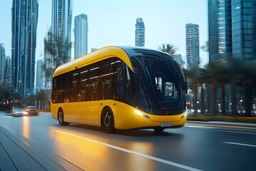 Obraz premium Yellow Modern Bus Driving in a City Road
