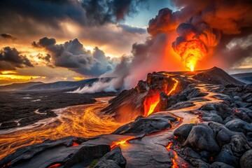 Dramatic Volcanic Landscape with Lava Flow and Rugged Terrain, Showcasing Nature's Power and Intensity for Stunning Visuals