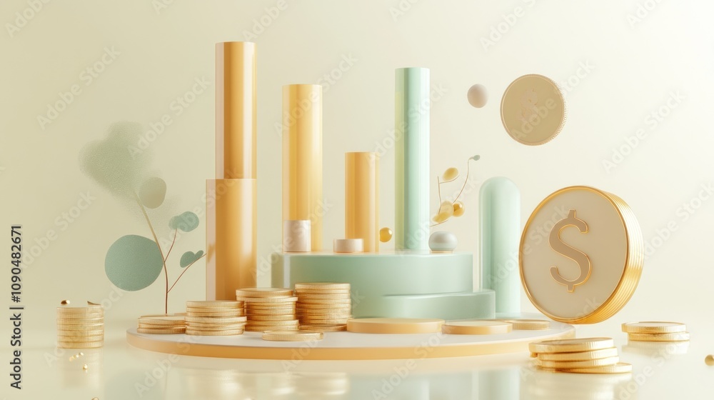 Poster a stylized representation of financial growth with coins and bar graphs.