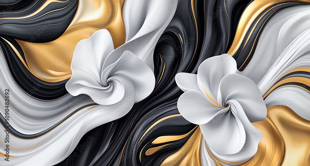 Poster elegant abstract art featuring swirling patterns in gold, black, and silver. a contemporary design p
