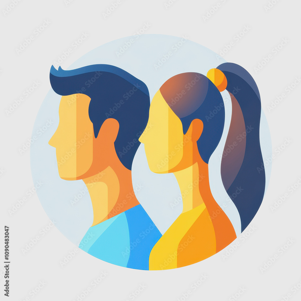 Poster abstract profile of a man and woman in complementary colors representing diversity and connection in