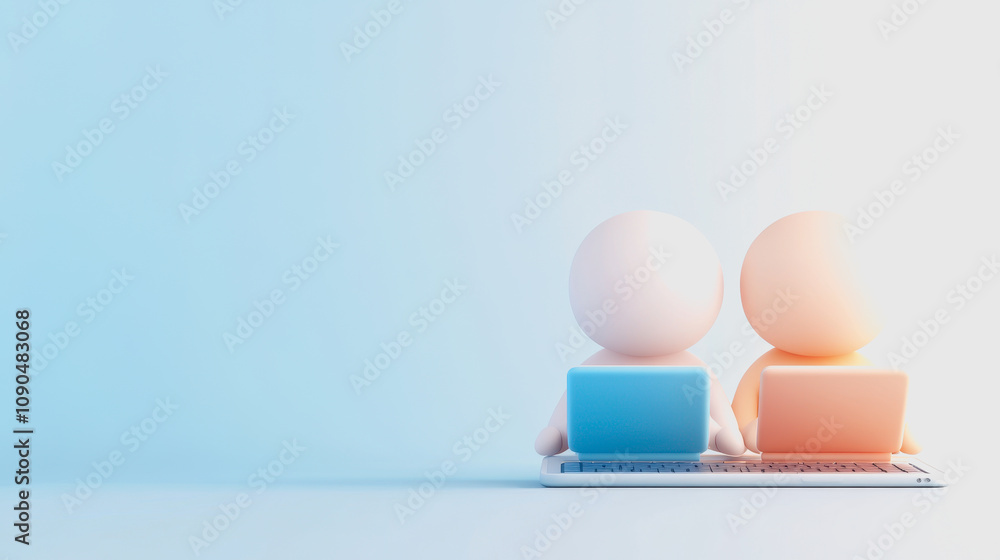 Poster two stylized characters working together on laptops, showcasing collaboration and teamwork in a mode