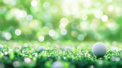 Obraz premium Golf ball resting on a tee with a vibrant green bokeh background, capturing the essence of the sport in a serene outdoor setting.