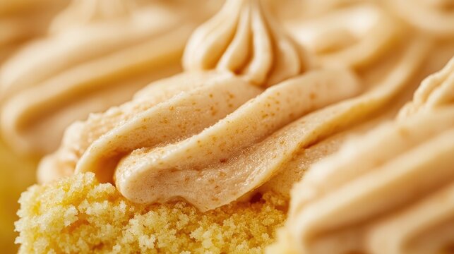 Close-up of a moist yellow cake slice adorned with smooth, swirled creamy frosting, showcasing a tantalizing dessert texture and rich detail.