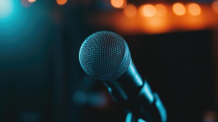 Detailed close-up of a wireless microphone showcasing its mesh grille and sleek body against a softly blurred ambient background with warm lights.