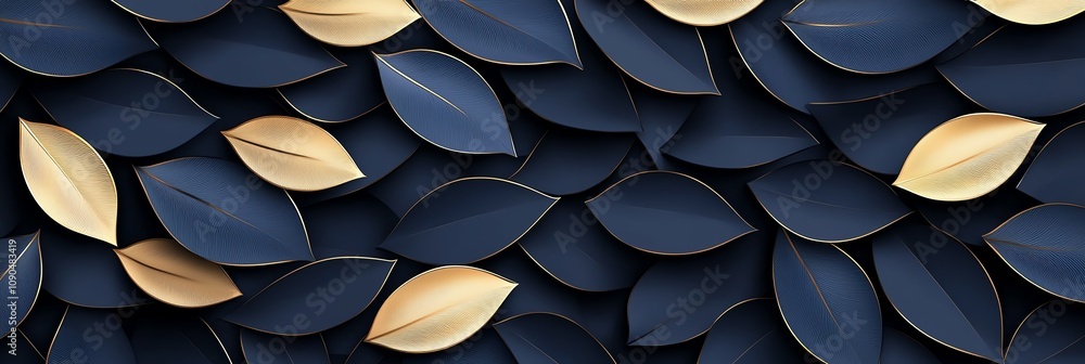 Poster elegant abstract pattern of overlapping dark blue and gold leaves creating a textured, luxurious des