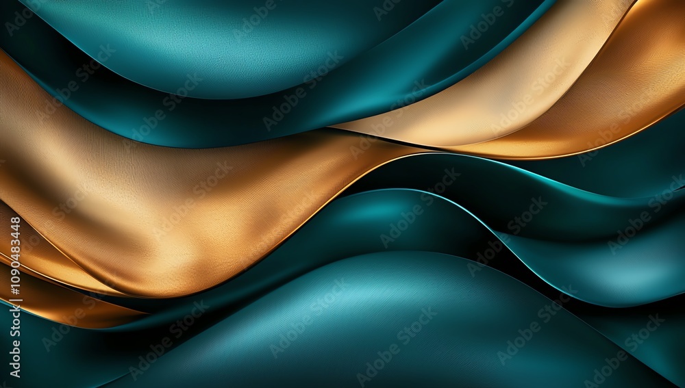 Poster elegant abstract silk waves in teal and gold create a luxurious visual texture, blending smoothly to